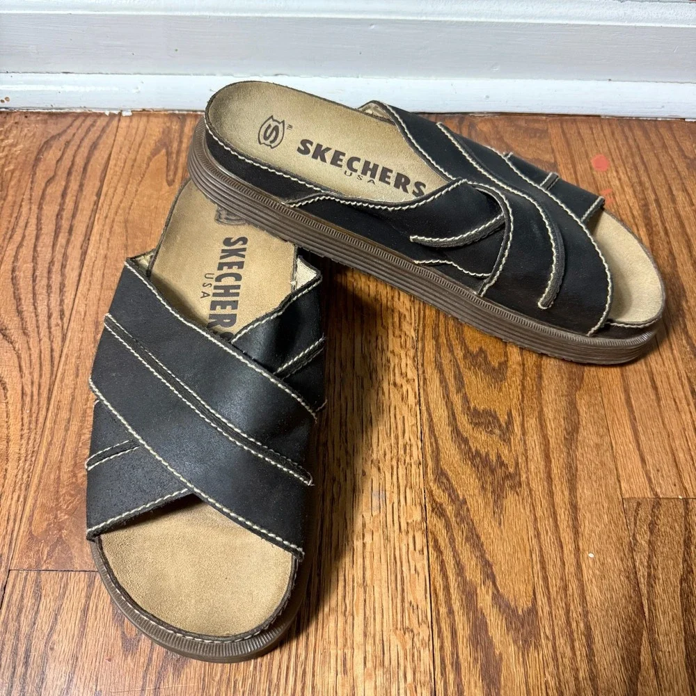 Skechers USA Vintage Mens 13 Grunge Y2K Chunky Leather Cross Strap Slide Sandals
